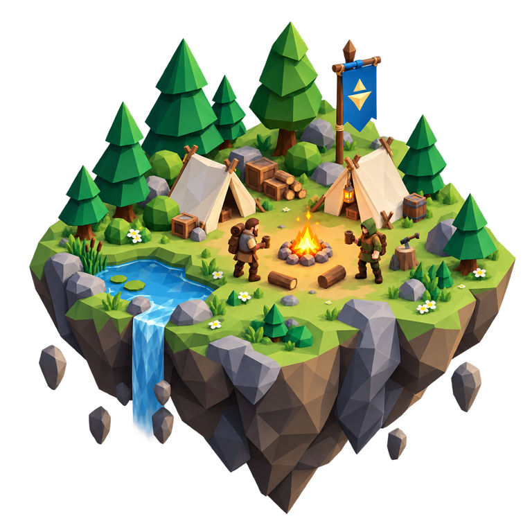 A small floating island with tents, a campfire and the first settlers.