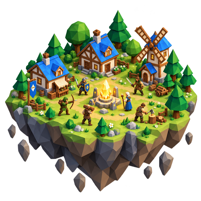 Defenders gather around a crystal in a growing village of blue-roof houses.