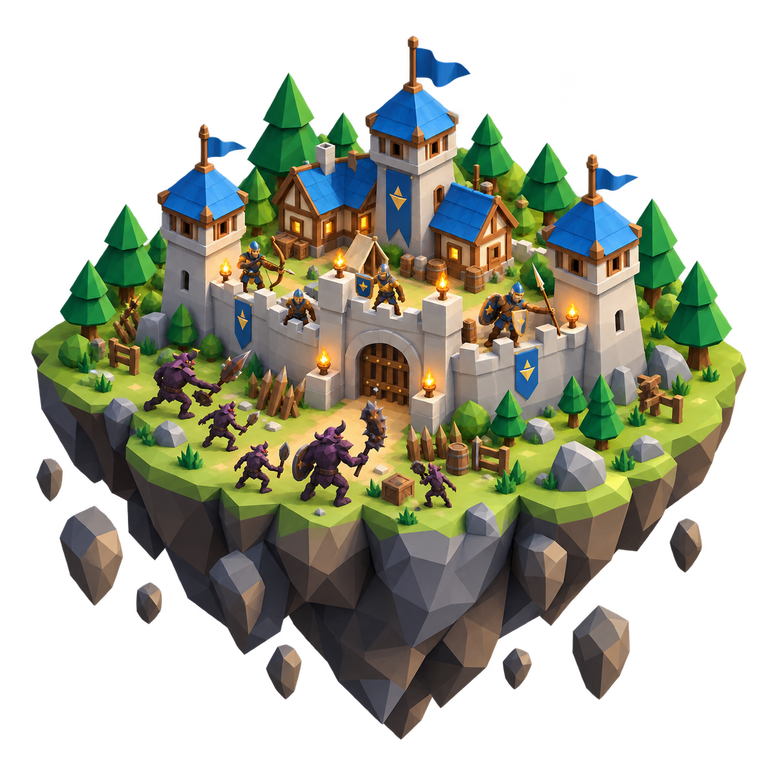 Defenders protect a walled island as monsters approach its gate.