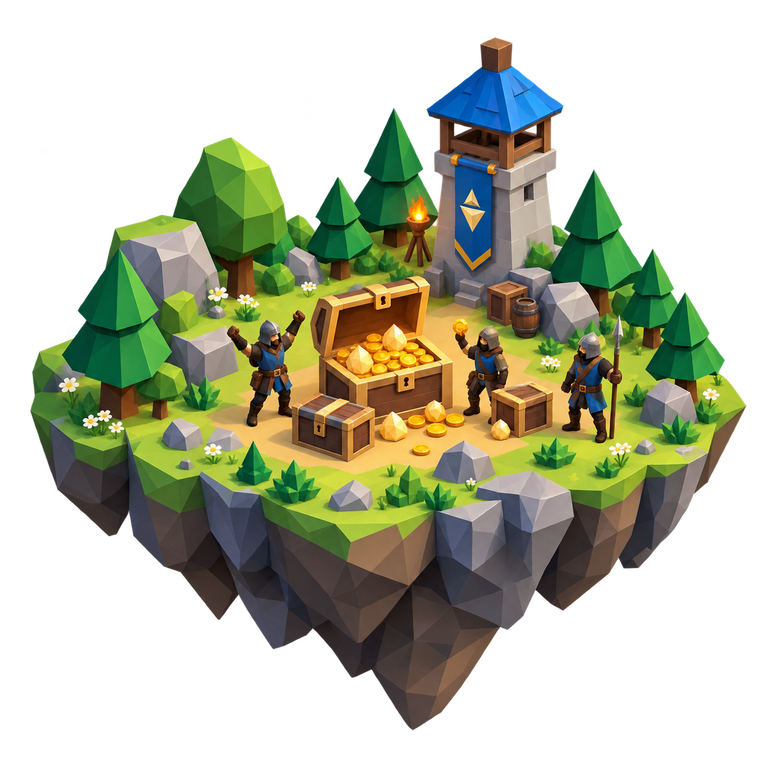 An open treasure chest and smaller caches on an island with three defenders.