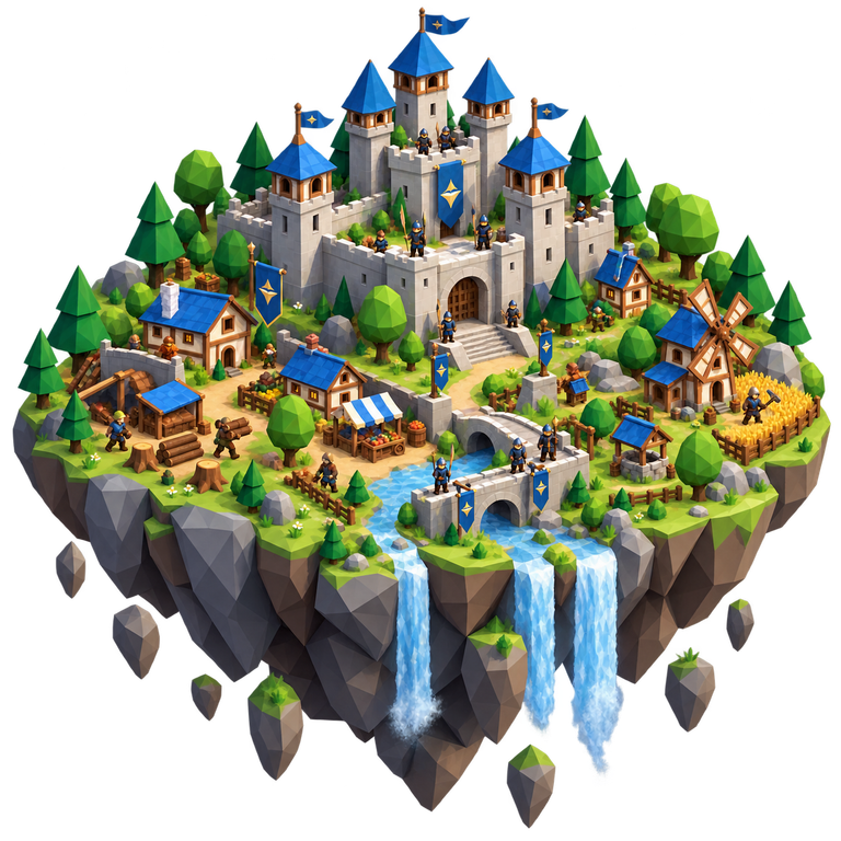 A thriving blue-roof citadel and village on a large floating island with waterfalls.